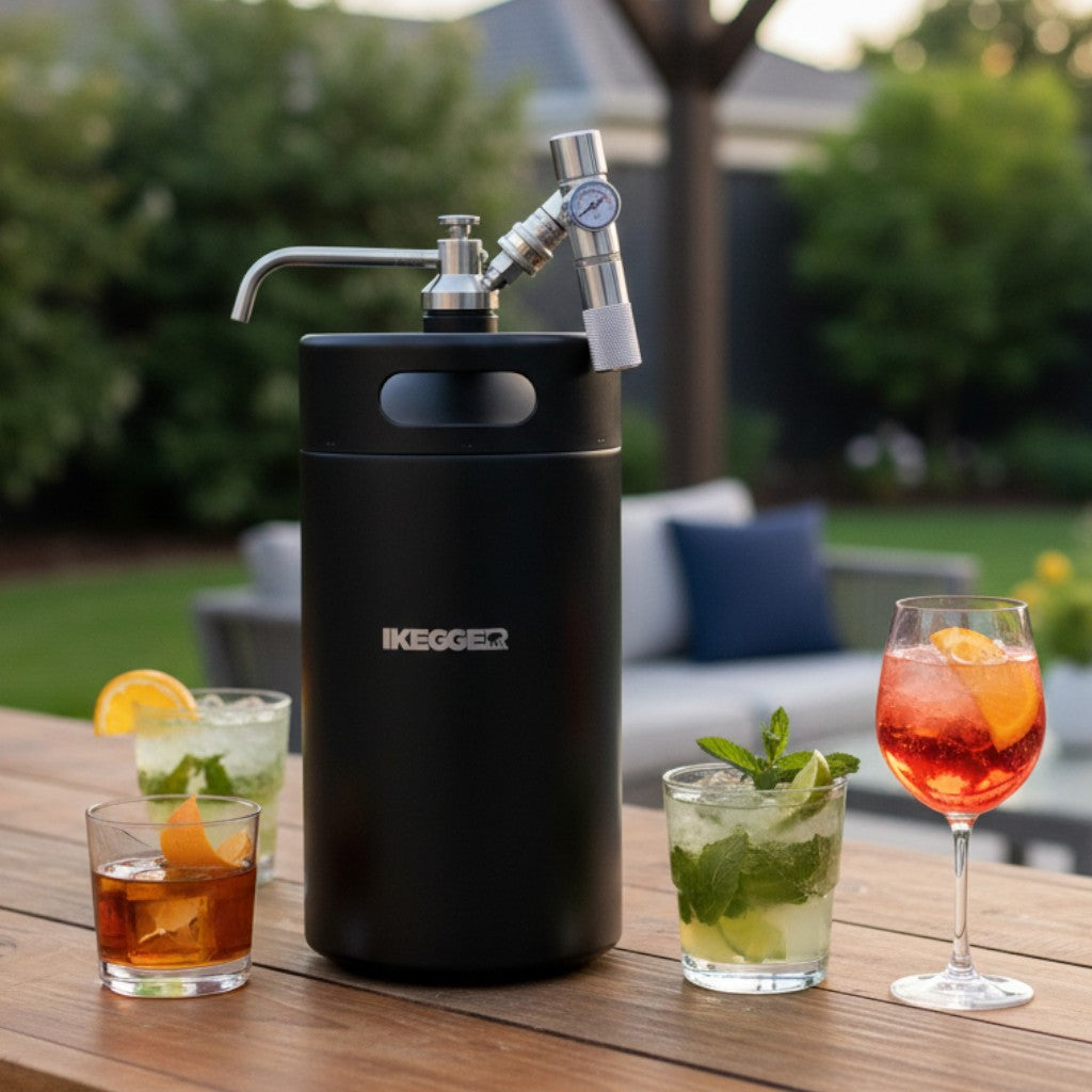 Black IKEGGER mini keg with glasses of assorted drinks on a wooden table outdoors.