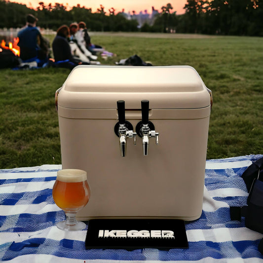 jockey box or a keg esky with 2 beer taps on the front in a park with people in the background