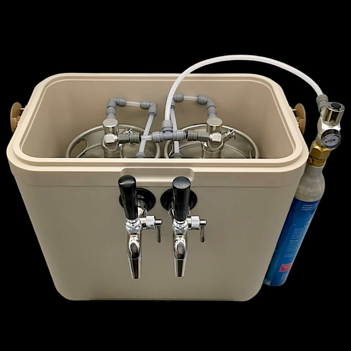 jockey box, front view of tap with the lid off to show the internal 5l kegs and fittings