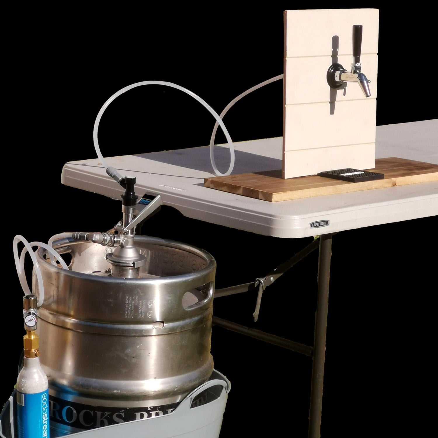 front view of keg tapping kit when assembled on a table