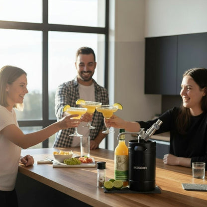 Three people at a bar counter clinking margarita cocktails together, with a focus on a black ikegger cocktail mini keg