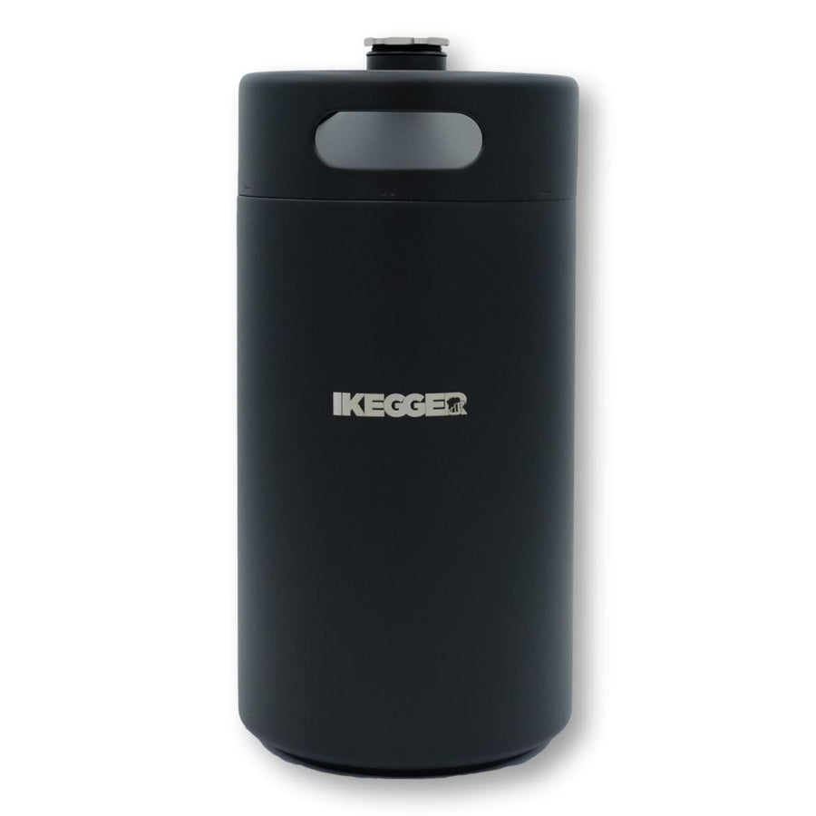 iKegger 5L black mini keg with an engraved brass name plate above the logo